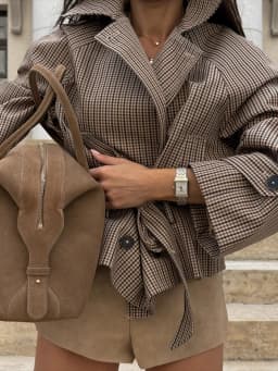 Plaid Windbreaker Grid Jacket Lapel Collar Double Breasted Trench Woman Coat Waist Tie Belt Long Sleeve Short Top Casual Clothes