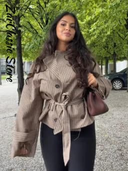 Vintage Plaid Women's Cropped Trench Coat Autumn Lapel Tie Waist Full Sleeve Windbreaker New Chic Casual Elegant Jacket 2026