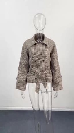 Vintage Plaid Women's Cropped Trench Coat Autumn Lapel Tie Waist Full Sleeve Windbreaker New Chic Casual Elegant Jacket 2026