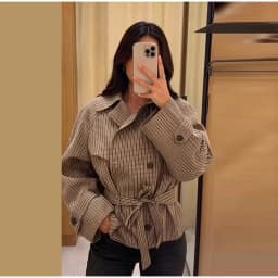 Vintage Plaid Women's Cropped Trench Coat Autumn Lapel Tie Waist Full Sleeve Windbreaker New Chic Casual Elegant Jacket 2026