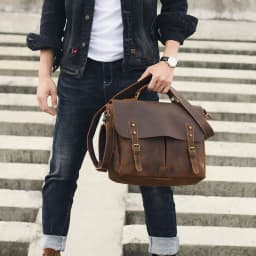 S.WORKER Vintage Genuine Leather Men's Briefcase 14” Laptop Messenger Bag Crazy Horse Cowhide Casual Shoulder Bag Handbags