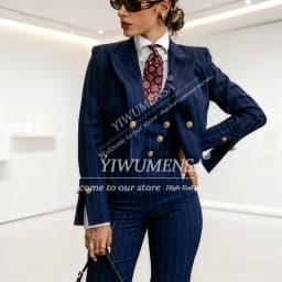 Classic Stripes Women Suits 3 Pieces Sets Peaked Lapel Prom Blazers Outfits Customized Lady Business Office Attire Mother Tuxedo