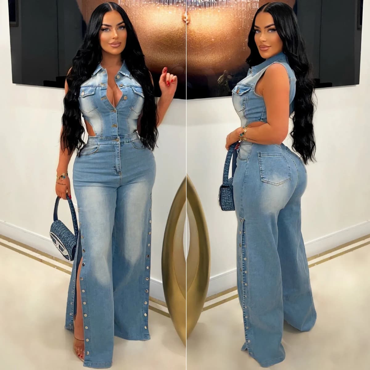 Jumpsuits Women Denim Pants One Piece Sleeveless Turn Down Collar Overalls Sheath Sexy Straight Long Pant Rompers Slim Fit