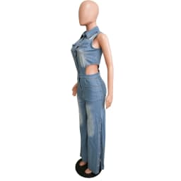 Jumpsuits Women Denim Pants One Piece Sleeveless Turn Down Collar Overalls Sheath Sexy Straight Long Pant Rompers Slim Fit
