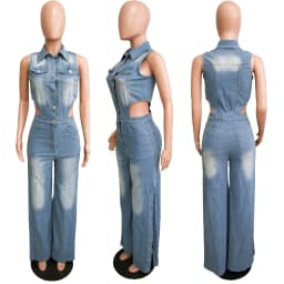 Jumpsuits Women Denim Pants One Piece Sleeveless Turn Down Collar Overalls Sheath Sexy Straight Long Pant Rompers Slim Fit