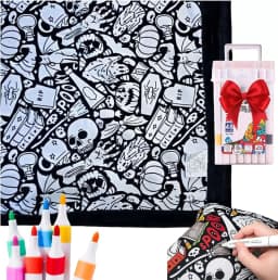 DIY Coloring Blanket with 24 Colors Markers, 125x156cm Washable Cozy Velvet Throw Giant Doodle Colored Blanket for Living Room