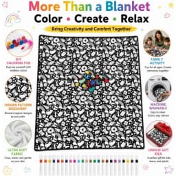 DIY Coloring Blanket with 24 Colors Markers, 125x156cm Washable Cozy Velvet Throw Giant Doodle Colored Blanket for Living Room