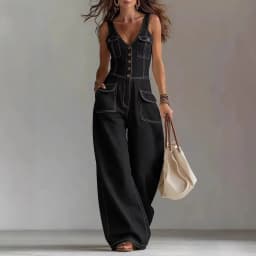 Elegant High Street Denim Suspender Jumpsuit Casual Sleeveless Pockets Straight   Party Playsuits Fashion Single-breasted Romper