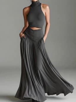 Women's Turtleneck Sleeveless Pullover Short Top with Maxi Skirts Two-Piece Set Casual Elegant Holiday Simple Outfit Streetwear
