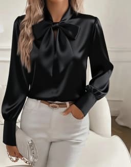 2025 Spring Autumn New Women's Bow Shirt Long Sleeve Satin Fashion Korean Top Elegant Office Basic White Blouses for Female