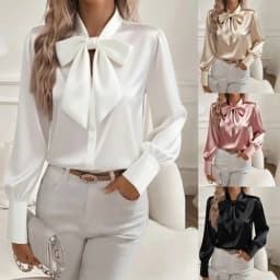 2025 Spring Autumn New Women's Bow Shirt Long Sleeve Satin Fashion Korean Top Elegant Office Basic White Blouses for Female