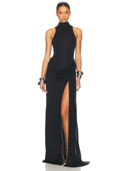 Blifanbo Turtleneck Off-shoulder Sleeveless Thigh Split High Waist Pleated Maxi Dress For Women Elegant Fashion Club Party Dress