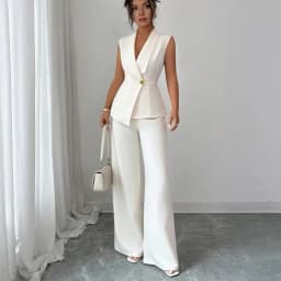 Women's Business 2 Piece Outfits Casual Sleeveless Blazer Vest Wide Leg Pants Suit Set Dressy Office Work Set