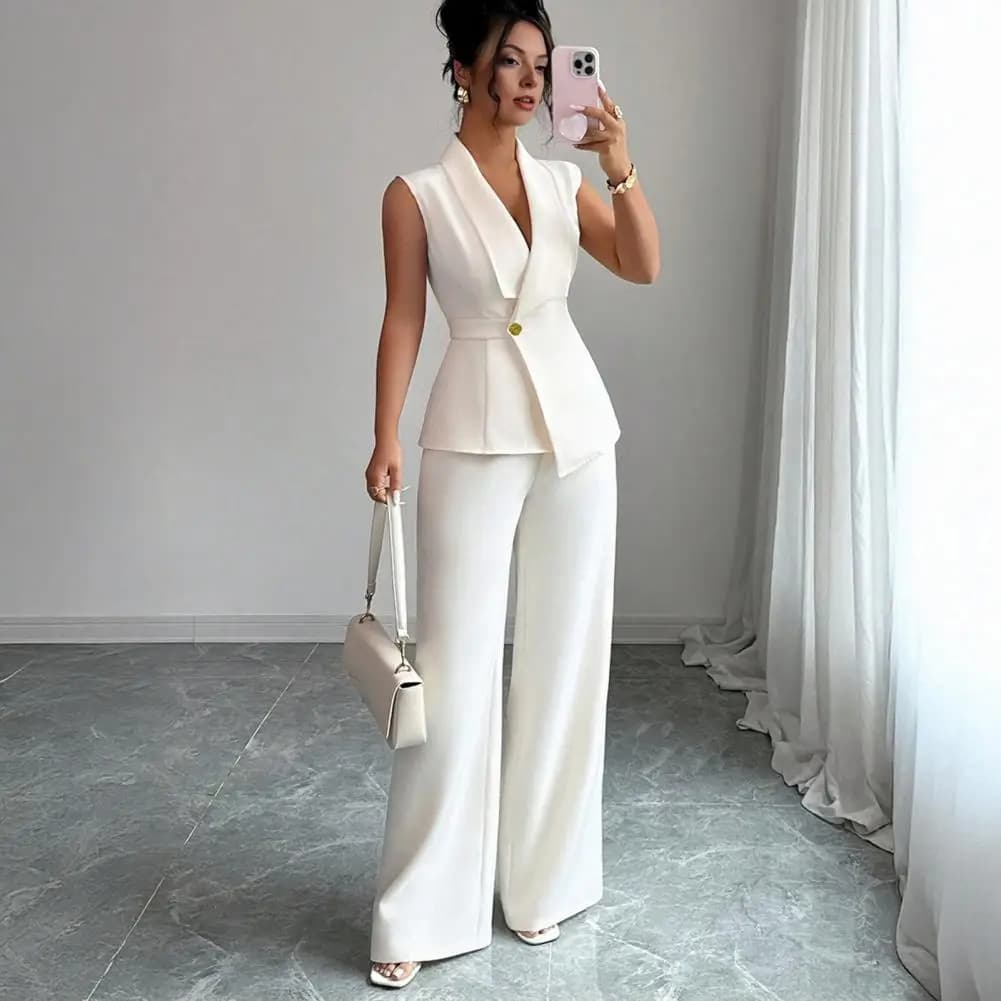 Women's Business 2 Piece Outfits Casual Sleeveless Blazer Vest Wide Leg Pants Suit Set Dressy Office Work Set
