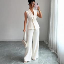 Women's Business 2 Piece Outfits Casual Sleeveless Blazer Vest Wide Leg Pants Suit Set Dressy Office Work Set