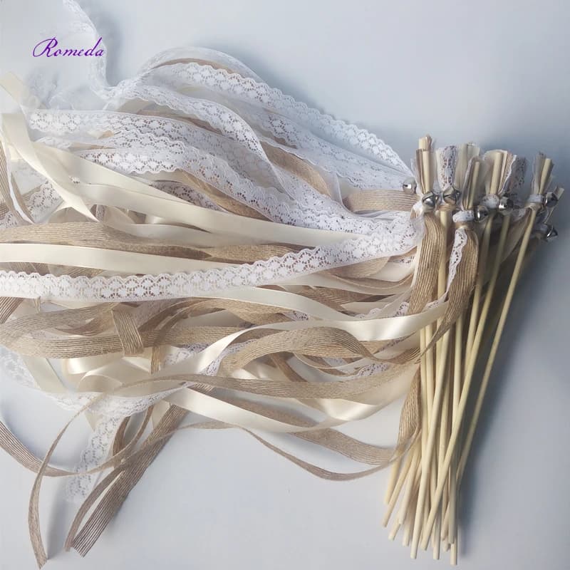 New 30/20/10pcs/lot Champagne + jute + lace wedding Ribbon Wands stick Confetti Stream with big sliver Bells for wedding party
