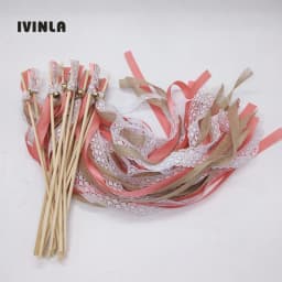 New 30/20/10pcs/lot Champagne + jute + lace wedding Ribbon Wands stick Confetti Stream with big sliver Bells for wedding party