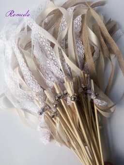 New 30/20/10pcs/lot Champagne + jute + lace wedding Ribbon Wands stick Confetti Stream with big sliver Bells for wedding party