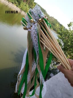 New 30/20/10pcs/lot Champagne + jute + lace wedding Ribbon Wands stick Confetti Stream with big sliver Bells for wedding party