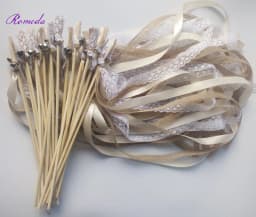 New 30/20/10pcs/lot Champagne + jute + lace wedding Ribbon Wands stick Confetti Stream with big sliver Bells for wedding party