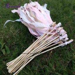 New 30/20/10pcs/lot Champagne + jute + lace wedding Ribbon Wands stick Confetti Stream with big sliver Bells for wedding party