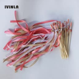 New 30/20/10pcs/lot Champagne + jute + lace wedding Ribbon Wands stick Confetti Stream with big sliver Bells for wedding party