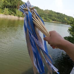 New 30/20/10pcs/lot Champagne + jute + lace wedding Ribbon Wands stick Confetti Stream with big sliver Bells for wedding party