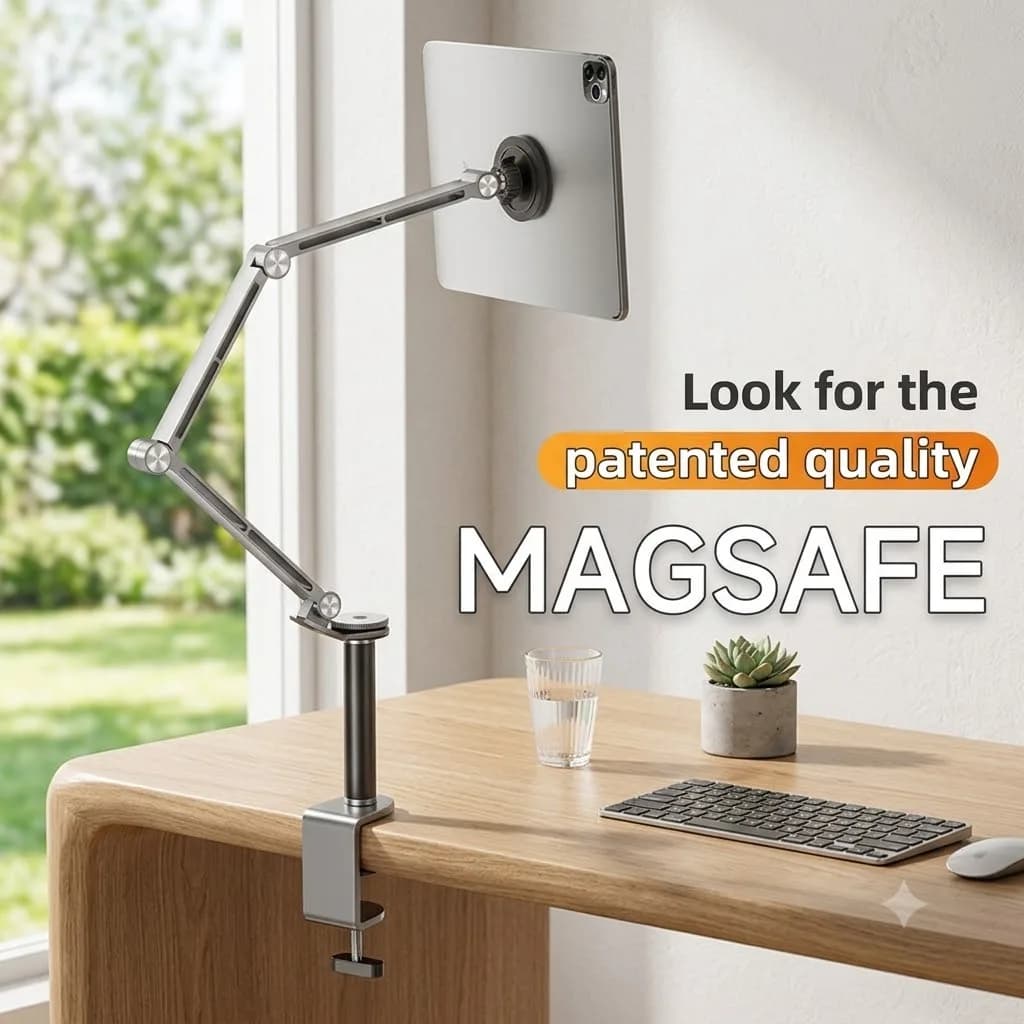 Tablet Desk Mount Stand,360° Rotating Adjustable Metal Arms Foldable, Sturdy Bed Mount for 4.7-13.5 Inch iPad and Android