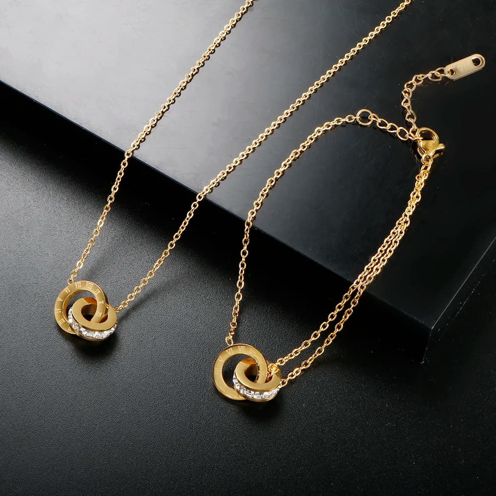 Trendy Roman Numerals Jewelry Set Luxury Round Crystal Gold Color Charm Necklace Earrings Bracelet Stainless Steel For Women New