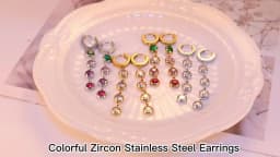 Jovo Love Stainless Steel Tassel Cubic Zirconia Long Hoop Earrings for Women Colorful Crystal Stone Stylish Earrings Jewelry