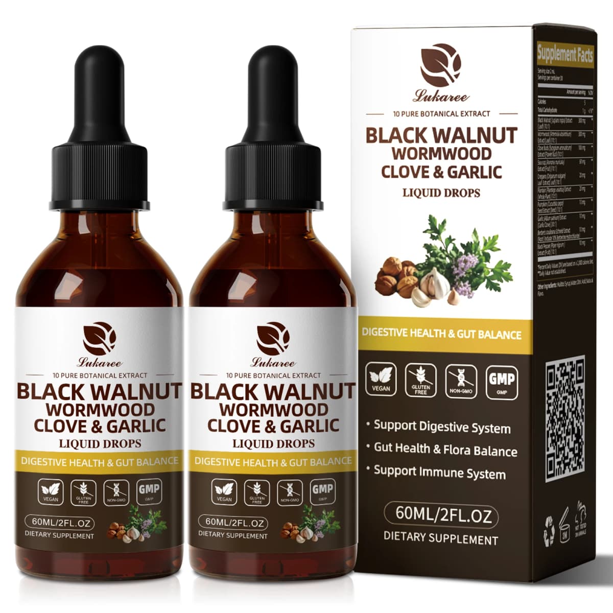 Lukaree 10 IN 1 Black Walnut Wormwood Drop Rapid Gut Cleanse & Digestive Health Detox 98% Absorption,Vegan Gluten-Free