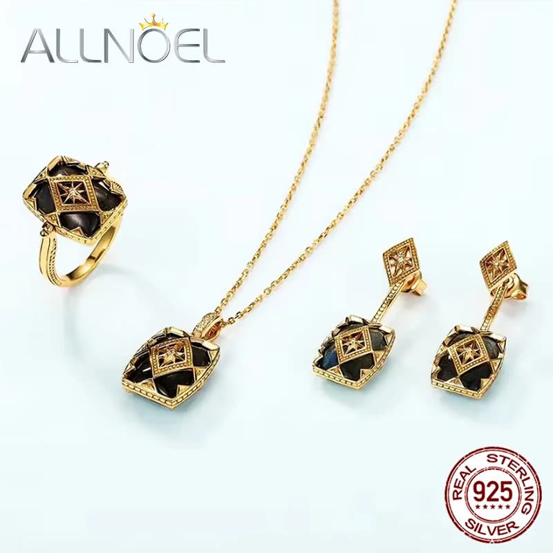 ALLNOEL Vintage 925 Sterling Silver Natural Labradorite Ring Pendant Earring Fashion Jewelry Christmas Party Gift Accessories