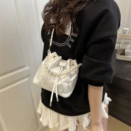 Sweet Butterfly Women Drawstring Bucket Shoulder Bags Versatile Ladies Crossbody Bag Clutch Fashion Girls Pearl Chain Handbags