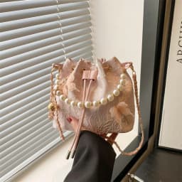 Sweet Butterfly Women Drawstring Bucket Shoulder Bags Versatile Ladies Crossbody Bag Clutch Fashion Girls Pearl Chain Handbags