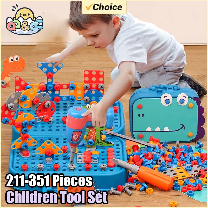 211-351Pieces Children Tool Set Electric Drill Screw Nut Puzzle Toys Pretend Play Dinosaur Drilling Assembly Educational Toy Boy
