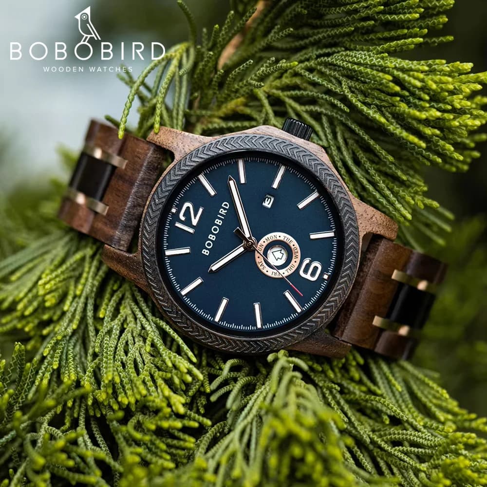 Wooden Men's Watches BOBOBIRD New Fashion Japanese Movement Quartz Wristwatch Week Date Display Custom Name Brand Great Gift