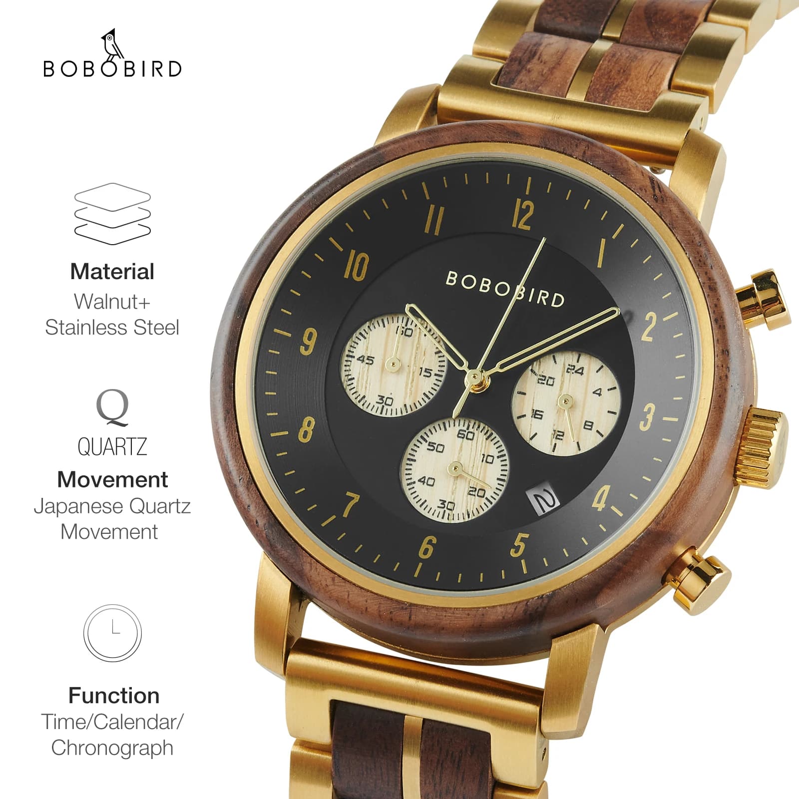 Top Luxury Men's Wooden Watch BOBO BIRD Japanese Movement New Quartz Wristwatch Golden Chronograph Watch Military Timepieces
