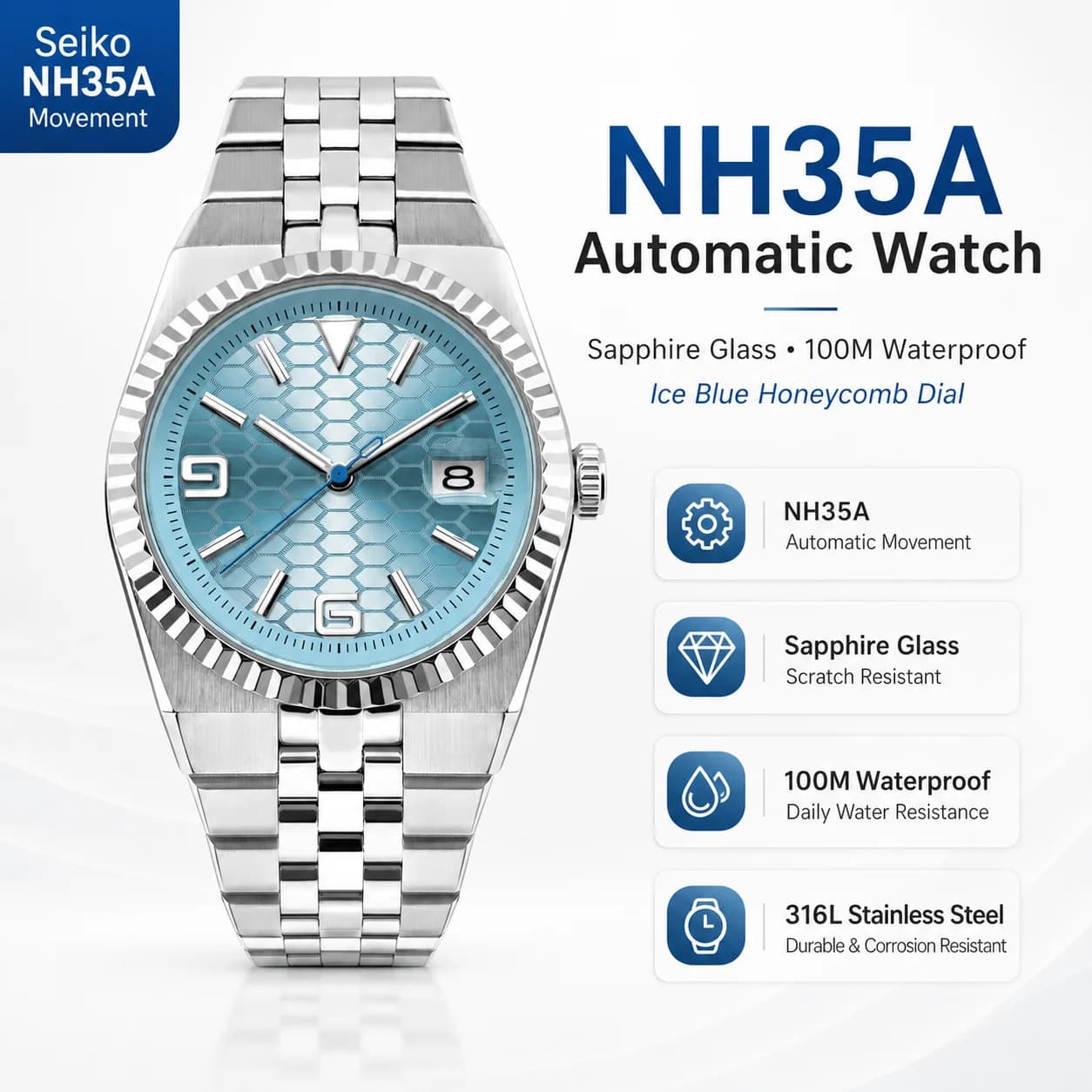CORGEUT NH35A 8215 Automatic Watch Men Ice Blue Honeycomb Dial Sapphire Glass 100M Waterproof Luminous 316L Steel Wristwatch