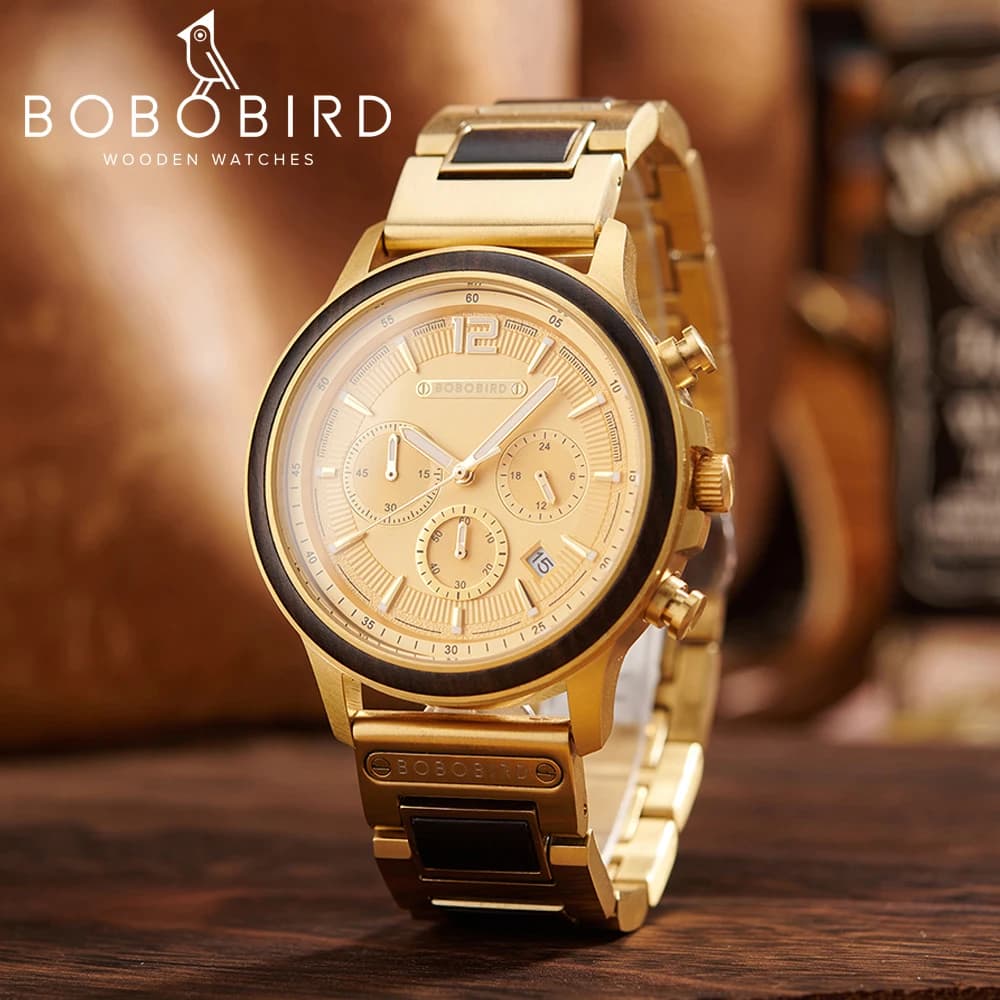 BOBOBIRD Golden Color Men's Watch Japanese Quartz Movement Ebony Wood Strap & Stainless Steel Case Custom Logo Brand Or Name
