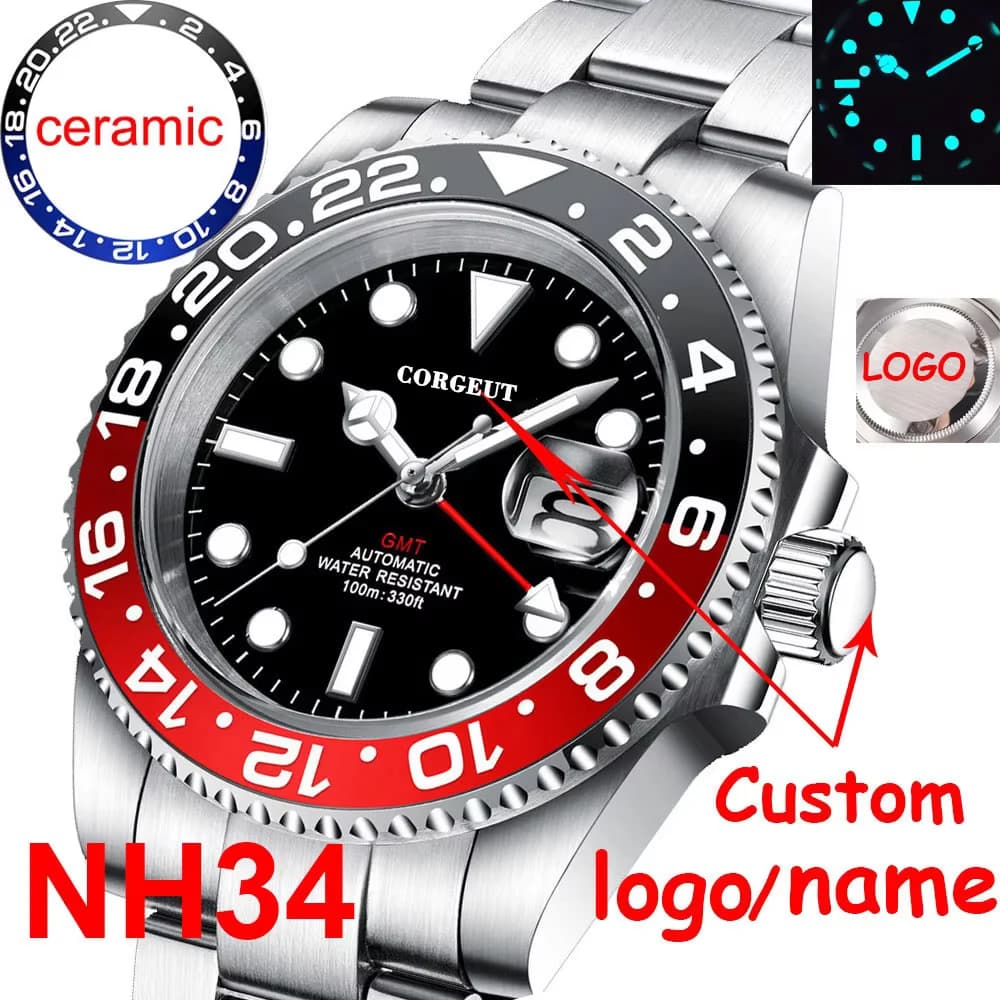 Custom Logo New Men Mechanical Wristwatch Jubilee Stainless NH34 GMT Watch Sapphire Glass Men Watches hombre