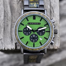 BOBO BIRD Men Watch Fashion Green Wooden Metal Quartz Watches Wristwatch Chronograph Auto Date Display Timepiece Great Gift Box