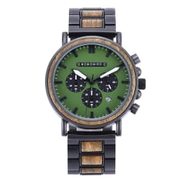 BOBO BIRD Men Watch Fashion Green Wooden Metal Quartz Watches Wristwatch Chronograph Auto Date Display Timepiece Great Gift Box