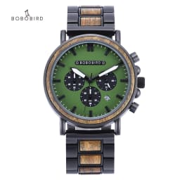 BOBO BIRD Men Watch Fashion Green Wooden Metal Quartz Watches Wristwatch Chronograph Auto Date Display Timepiece Great Gift Box