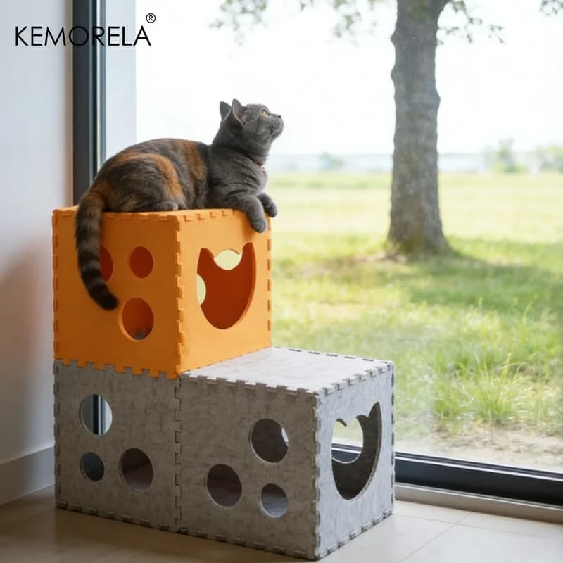 KEMORELA Cat Tunnel Interactive Cat House Foldable Cat Hideout Oversized Felt Cat Scratching Board And Bed Durable Removable