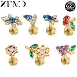 ZEMO 1 Piece ASTM F136 Titanium Colorful Lip Piercing Women Men 16G Flower Grape CZ Crystal Lip Ear Stud Cartilage Helix Earring