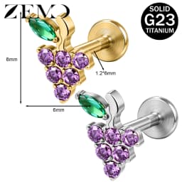 ZEMO 1 Piece ASTM F136 Titanium Colorful Lip Piercing Women Men 16G Flower Grape CZ Crystal Lip Ear Stud Cartilage Helix Earring