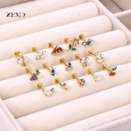 ZEMO 1 Piece ASTM F136 Titanium Colorful Lip Piercing Women Men 16G Flower Grape CZ Crystal Lip Ear Stud Cartilage Helix Earring