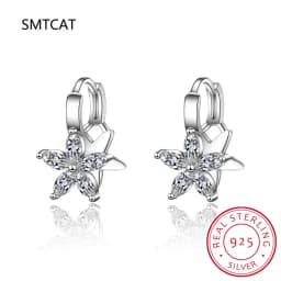 Clear Zirconia Flower 925 Sterling Silver Small Round Loop Huggies Hoop Earrings For Kids Baby Girls Children Jewellery Aros