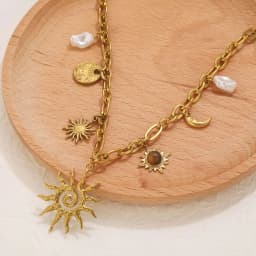 Trendy Sun Moon Shape Imitation Pearl Pendant Necklace Stainless Steel PVD Gold-plated Craft Gold Waterproof Women Jewelry Gift