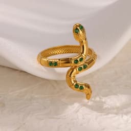 Luxury Stainless Steel Green Zircon Flower Rings For Women Snake Finger Ring Gold Plated Wedding Party Exquisite Jewelry New